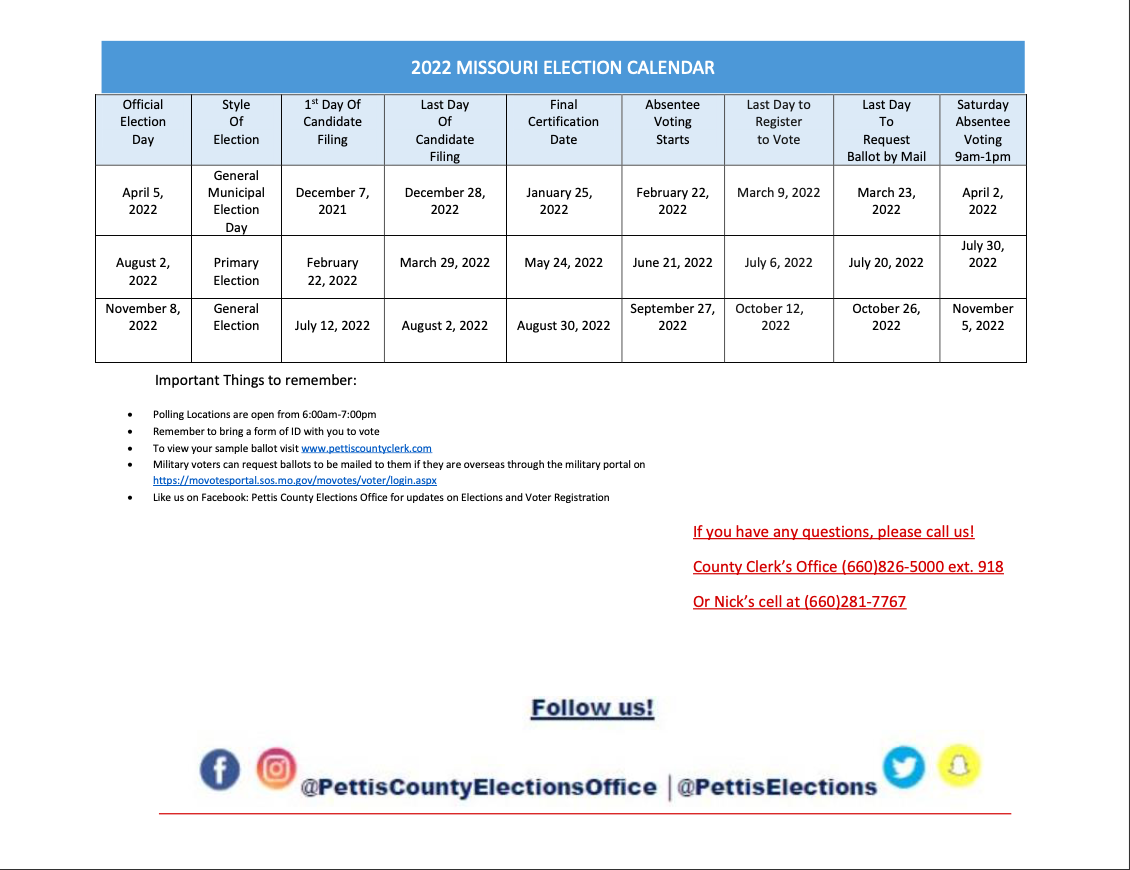 Missouri Election Calendar 2022 2022 Election Calendar